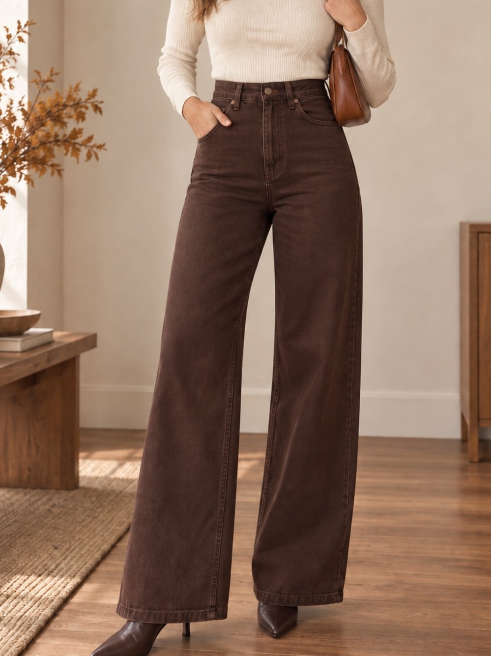 Chocolate Brown High Rise Wide Leg Jeans 100% Cotton 90s Meissa Capsule Wardrobe